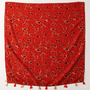 Ethnic style red floral cotton linen scarf with black botanical print and tassels