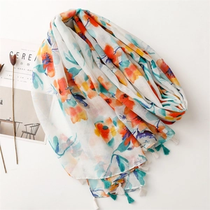 Floral cotton linen shawl with bright colorful oil painting patterns and fringe tassels