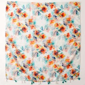 Floral watercolor print cotton linen scarf with turquoise tassels and orange flowers