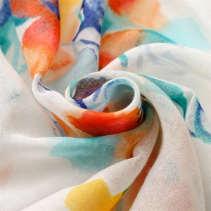 Detailed macro shot of floral oil painting pattern on breathable linen feel fabric