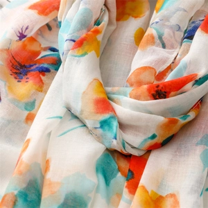 Detailed view of colorful oil painting floral print on breathable cotton linen scarf