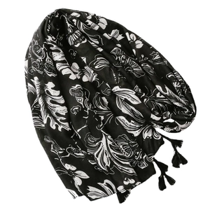 Vintage floral linen-feel shawl with white flower print and black tassels for women