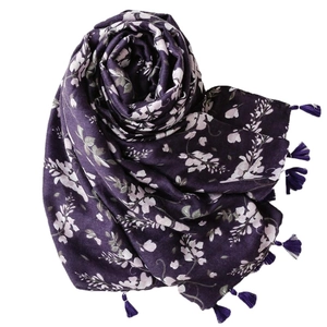 Oversized dark purple floral beach shawl with tassels for sun protection and travel