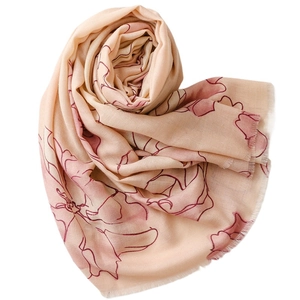 Floral print shawl in beige cotton silk blend with soft pink flower patterns