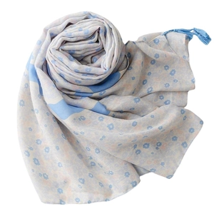 French style floral cotton linen scarf in light blue with elegant tassel fringe edges