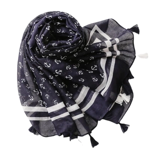 Écharpe marine en coton et lin avec motif ancre blanche et détails de franges