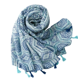 Blue geometric mandala cotton linen scarf with tassels, ethnic style beach wrap shawl