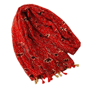 Ethnic style red floral cotton scarf with bohemian patterns and tassel trim details