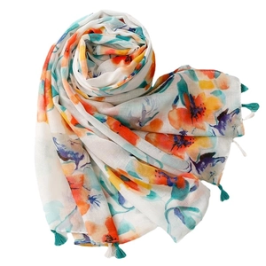 Floral print cotton linen scarf with colorful oil painting pattern and tassel trim