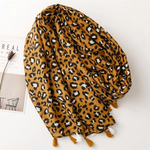 Écharpe léopard en coton lin jaune avec franges pour protection solaire en été