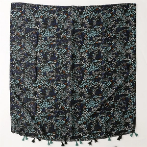 Floral cotton linen scarf with tassels and navy blue vintage prints for sun protection