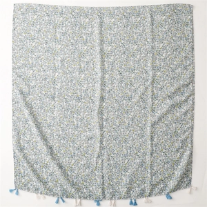 Light blue floral cotton linen scarf with elegant long tassels for summer sun protection