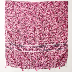 Floral cotton linen scarf with pink tassels and bohemian print for beach sun protection