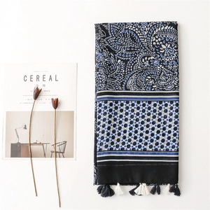 Navy blue paisley sun protection beach shawl with dots print and fringe tassels