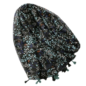 Vintage floral cotton linen scarf with blue flower patterns and elegant tassels