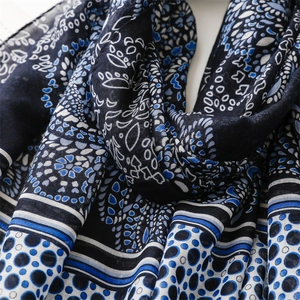 Macro detail of navy paisley pattern and fringe texture on this bohemian beach shawl