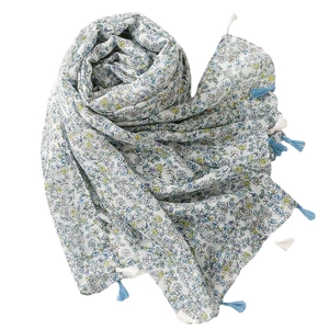 Light blue floral cotton linen scarf with long fringe tassels for sun protection
