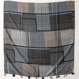 Geometric color-block printed cotton-linen shawl with tassel fringe for sun protection