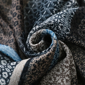 Detailed macro view of the mixed leopard, geometric, and floral prints on cotton-linen scarf