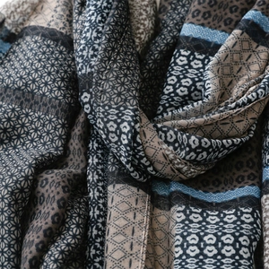 Close-up of geometric pattern scarf with leopard print and floral patchwork detail