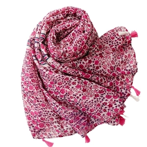 Rose red floral scarf with fringe tassels for sun protection and beach shawl use