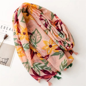Pink tropical floral print beach shawl with yellow flowers and fringe tassels for summer