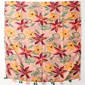 Pink tropical flower print beach scarf with tassels for sun protection and travel