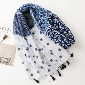 Blue and white patterned linen scarf with tassels and geometric floral prints for women
