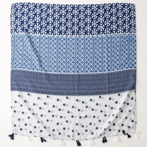 Blue and white patterned cotton linen scarf with geometric prints and fringe tassels