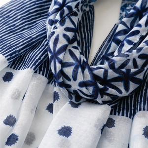 Detail of blue and white floral pattern on lightweight cotton linen blend scarf fabric