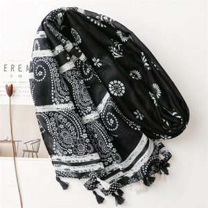 Black vintage bohemian paisley floral scarf with tassels and breathable cotton linen texture