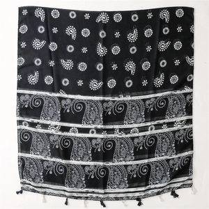 Black and white paisley print scarf with fringe, lightweight cotton-linen feel shawl wrap
