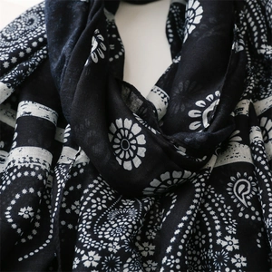 Close-up of navy blue paisley floral print fabric with lightweight cotton linen texture