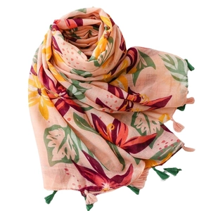 Floral print cotton linen beach shawl with tassels for women, tropical sun protection scarf