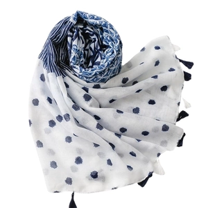 Blue and white patterned cotton linen scarf with floral stripes and navy tassels