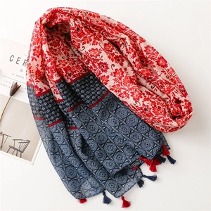 Ethnic floral cotton linen scarf with red blue contrast patterns and delicate tassels
