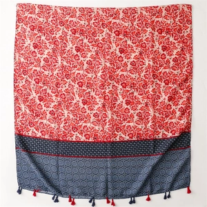 Ethnic floral cotton linen scarf with red blue contrast patterns and fringe tassels