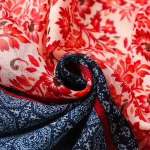 Detail of floral and geometric print fabric showing the lightweight woven texture