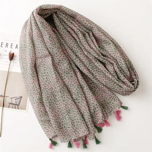 Floral cotton linen feel scarf with tassels for sun protection and beach shawl use