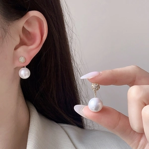 Elegant vintage burgundy style pearl drop earrings with micro-inlaid zircon and gold finish