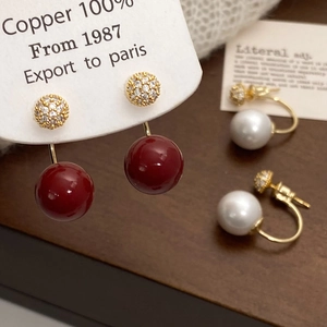 Vintage Burgundy White Faux Artificial Pearl Drop Earrings Gold Plated Copper With Micro Inlaid Zircon Ball Elegant Jewelry For Women