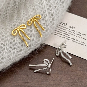 Bowknot Stud Earrings Copper With 18K Gold Plated Retro Minimalist Ribbon Knot Jewelry For Women Niche Design