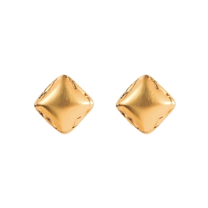 Detail of gold-plated geometric square earrings with a brushed texture and woven relief edges