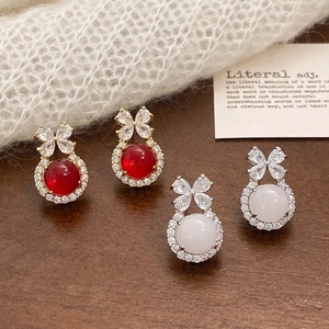 Elegant Bow Knot Earrings For Women Vintage Zircon Chalcedony Resin Artificial Pearl Light Luxury Jewelry Accessory