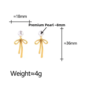 Detailed size chart for bow pearl drop earrings with 8mm pearl and 36mm length measurements