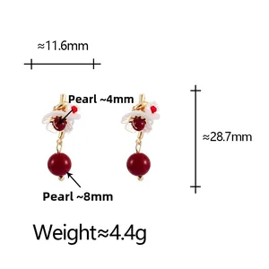 Detailed view of camellia pearl drop earrings with dimensions and weight specs