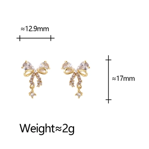 Detailed dimensions of gold bow-knot pearl earrings with zircon inlay showing 17mm height