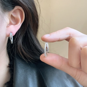 Elegant multi-layer crossover silver earrings with micro-inlaid cubic zirconia stones