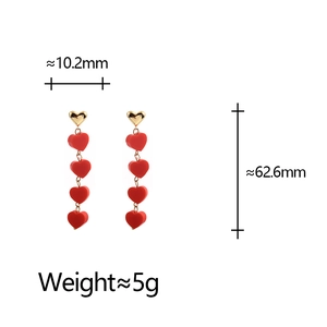 Detailed dimensions of red heart tassel earrings with 62.6mm length and 10.2mm width
