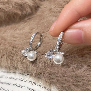 Artificial Pearl Zircon Hoop Dangle Earrings With 925 Sterling Silver Earring Post Elegant Fashion Jewelry For Women Daily Wear